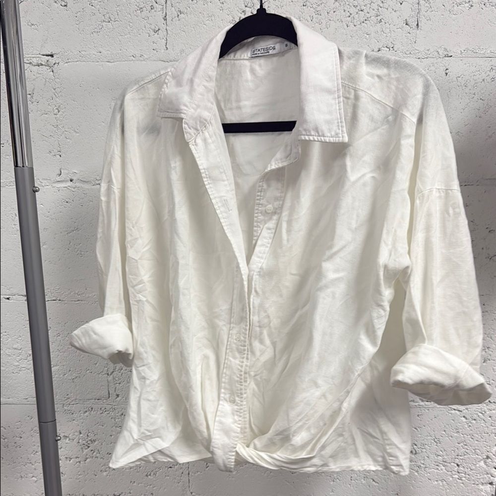 Stateside Voile Twist White Cropped Collared Shirt - White Top - Size Small